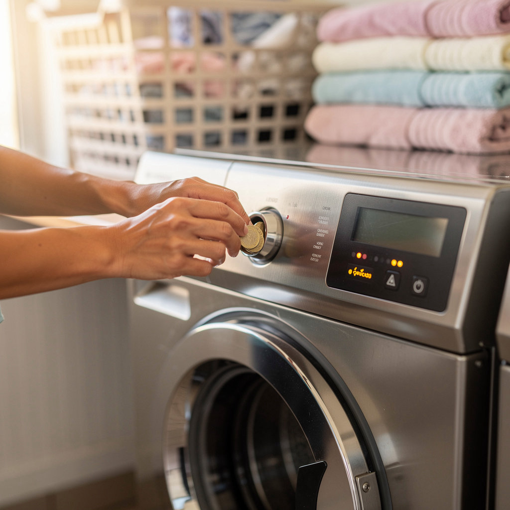SPIN SPA COIN LAUNDRY customer using a modern washer at our clean San Diego facility